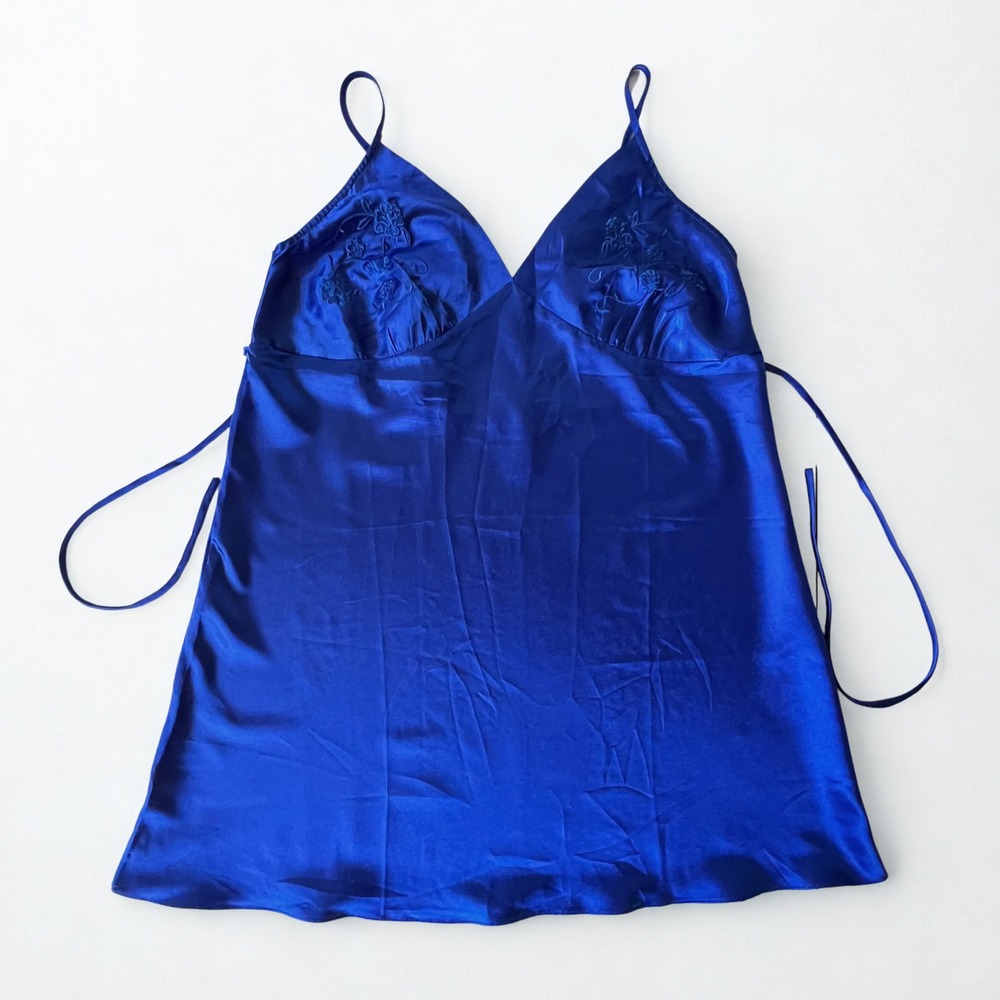 Candy's Closet Royal Blue Satin Slip Dress Embroidered Chemise 1X Y2K